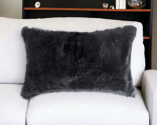 12" X 20" Black Wool Throw Pillow - Homeroots