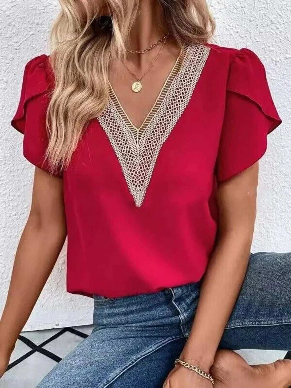 V-Neck Petal Sleeve Blouse - Trendsi - Flyclothing LLC