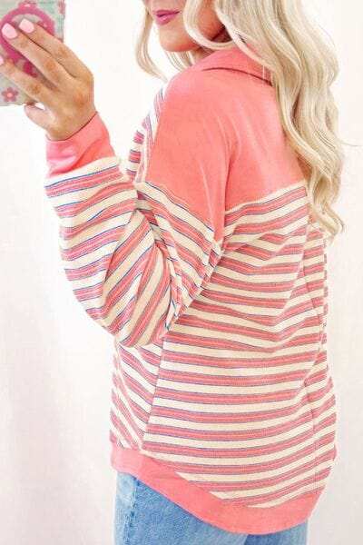 Striped Johnny Collar Long Sleeve Sweatshirt - Trendsi - Flyclothing LLC
