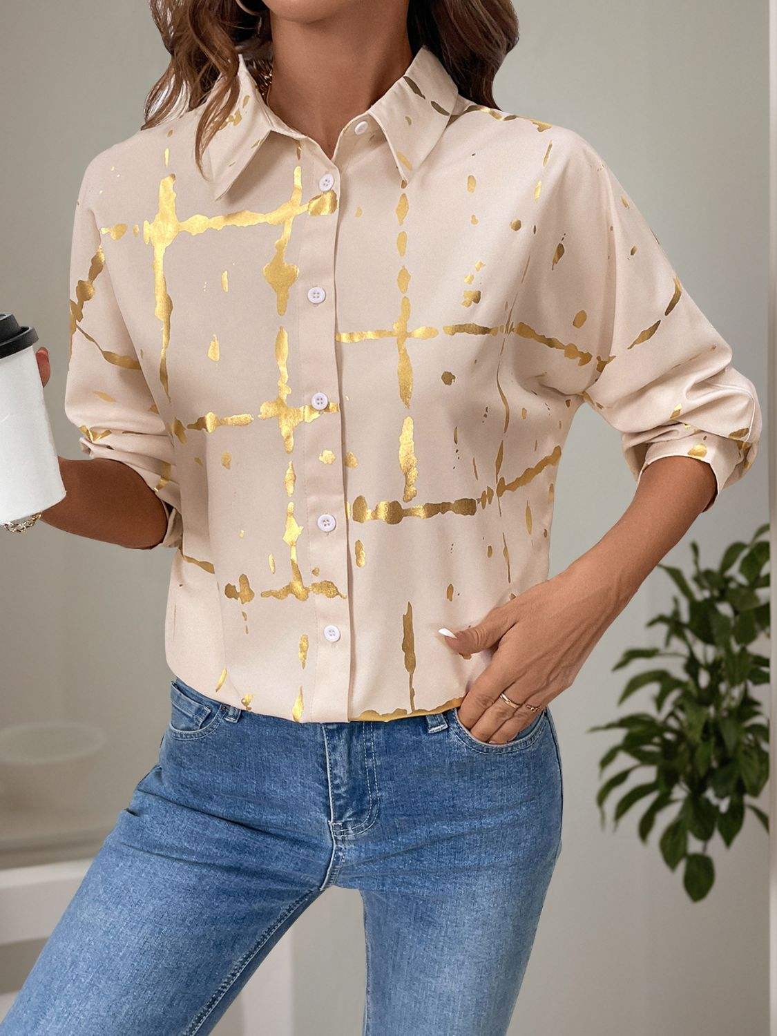 Perfee Printed Collared Neck Long Sleeve Shirt - Trendsi - Flyclothing LLC