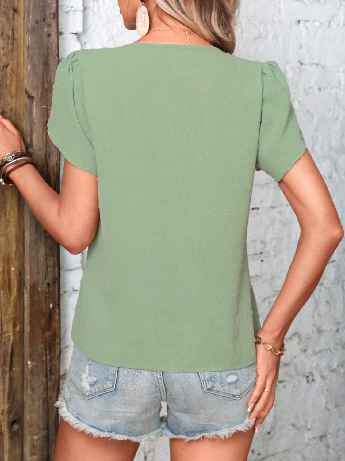 Swiss Dot V-Neck Petal Sleeve Blouse - Trendsi - Flyclothing LLC