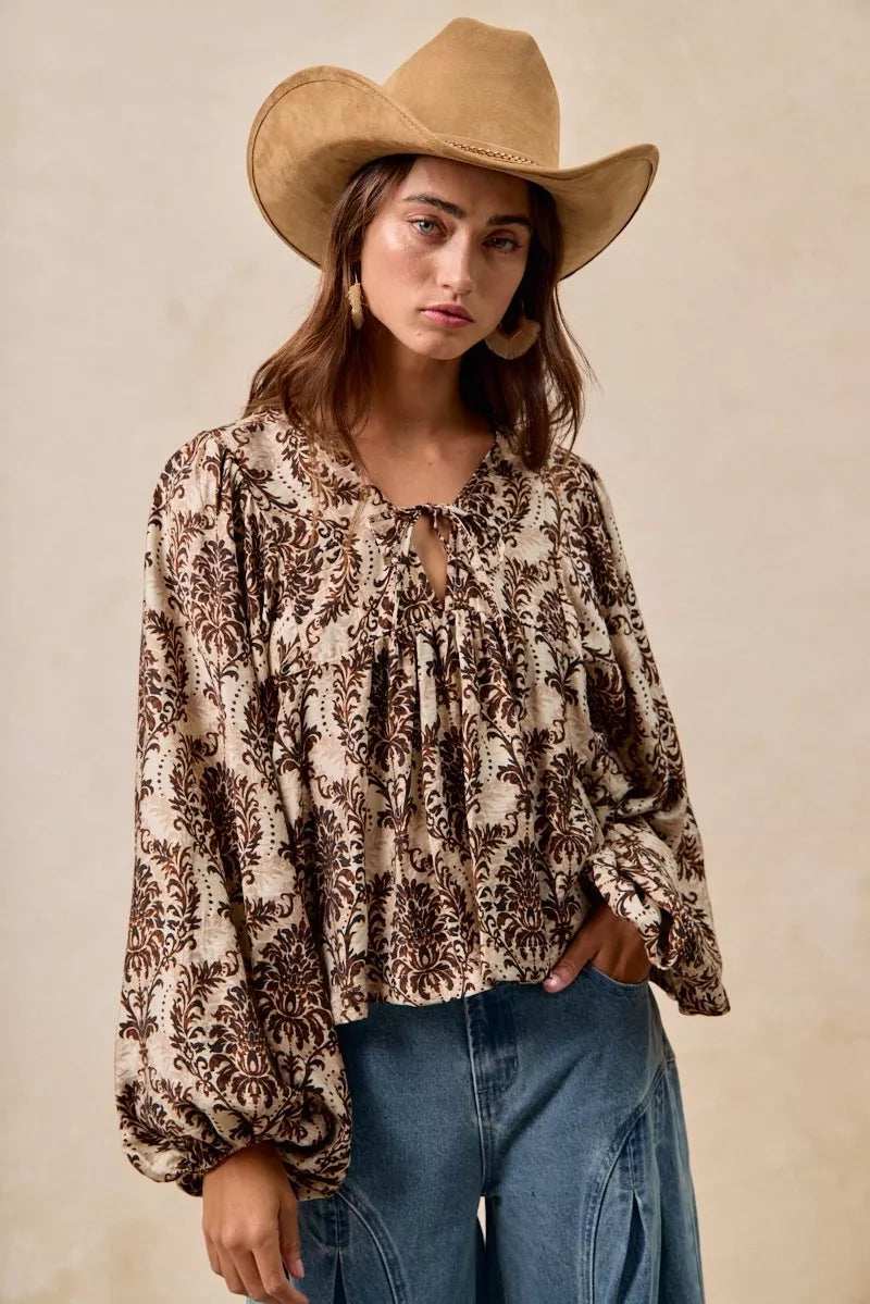 BiBi Printed Woven Front Tied Blouse with Baloon Sleeve - Trendsi - Flyclothing LLC