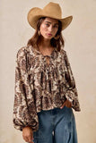 BiBi Printed Woven Front Tied Blouse with Baloon Sleeve - Trendsi - Flyclothing LLC