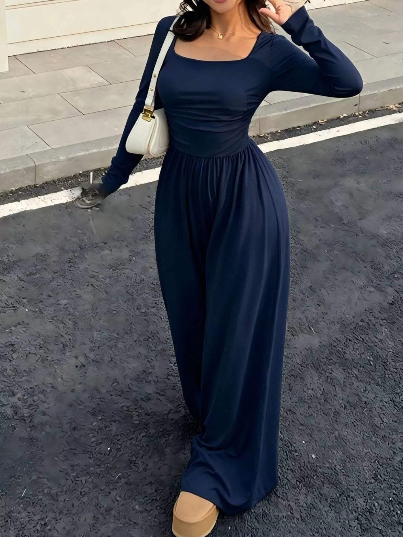 Ruched Square Neck Wide-Leg Jumpsuit - Trendsi - Flyclothing LLC