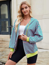 Drawstring Striped Zip Up Long Sleeve Hoodie - Trendsi - Flyclothing LLC