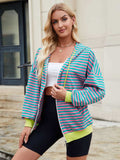 Drawstring Striped Zip Up Long Sleeve Hoodie - Trendsi - Flyclothing LLC