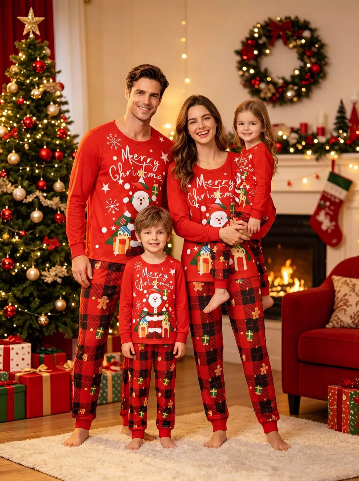 Family Matching Christmas Pajama Set with Santa and Plaid Print - Trendsi - Flyclothing LLC