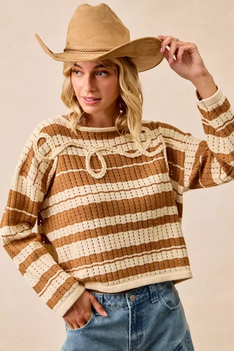BiBi Striped Open Knit Sweater Top with Front Braided Detail - Trendsi - Flyclothing LLC