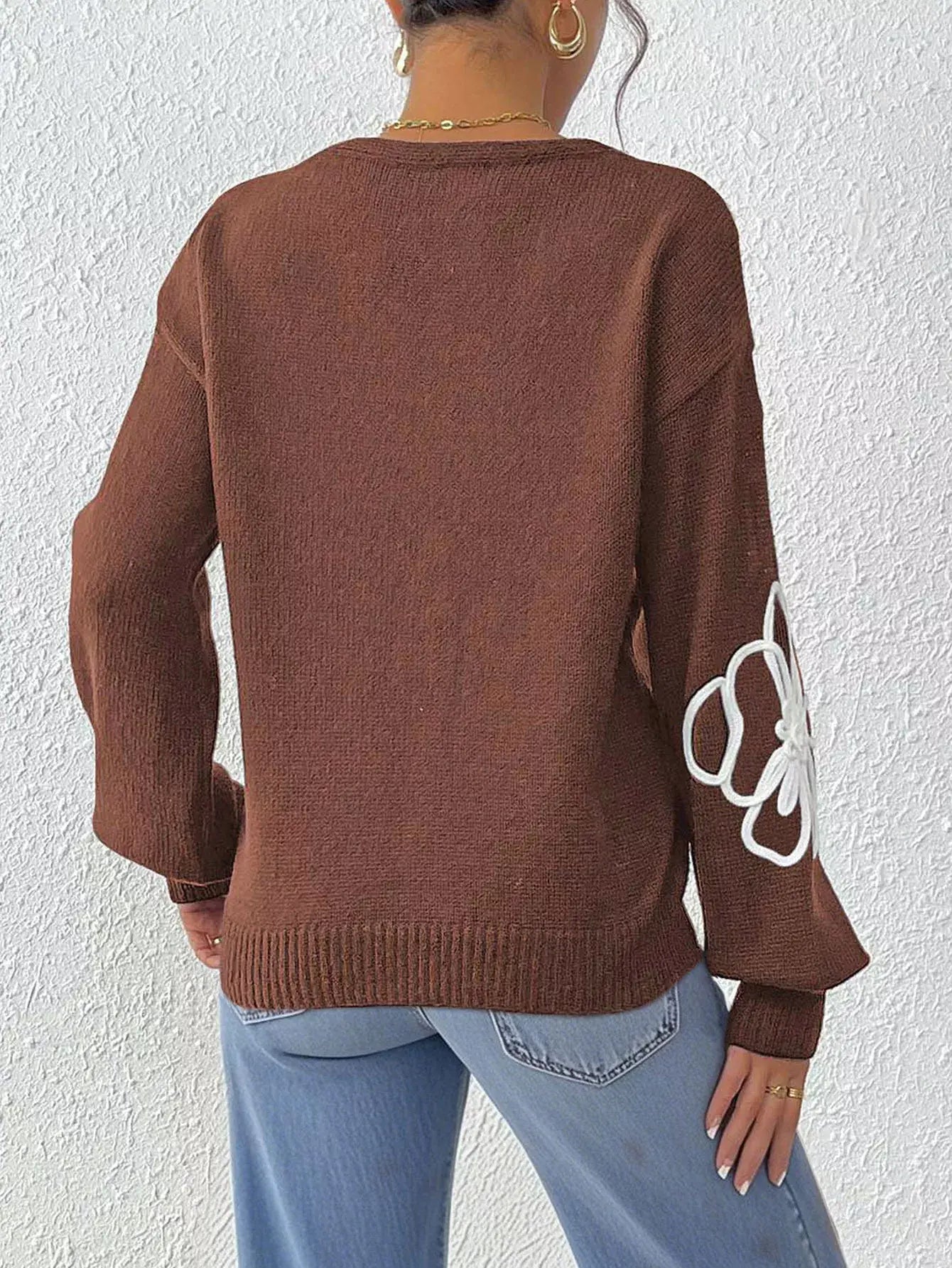 Flower V-Neck Long Sleeve Sweater - Trendsi - Flyclothing LLC