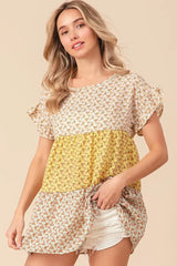 BiBi Flroal Printed Woven Color Block and Tiered Top - Trendsi - Flyclothing LLC