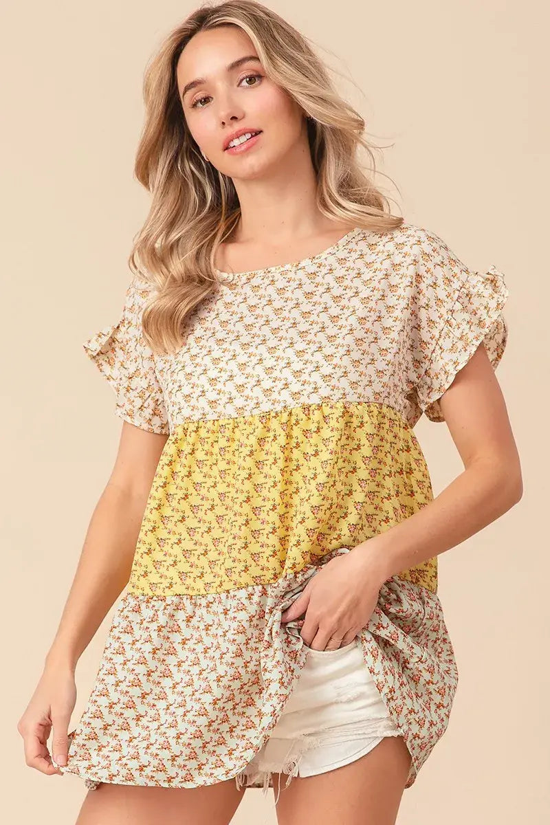 BiBi Flroal Printed Woven Color Block and Tiered Top - Trendsi - Flyclothing LLC