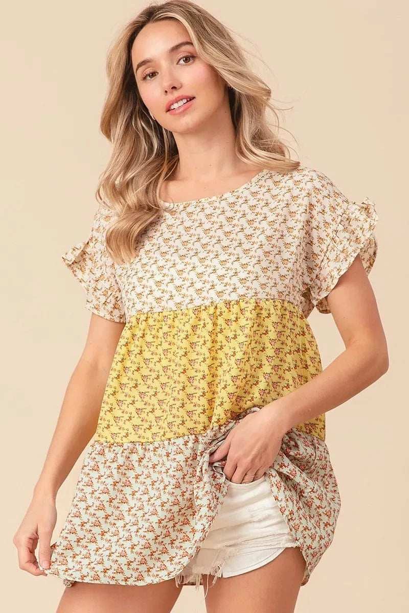 BiBi Flroal Printed Woven Color Block and Tiered Top - Trendsi - Flyclothing LLC