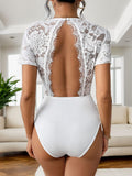Cutout V-Neck Short Sleeve Lace Bodysuit - Trendsi
