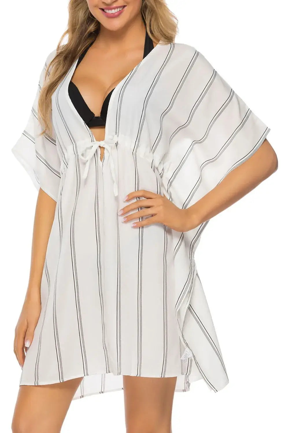 Drawstring Striped V-Neck Cover-Up - Trendsi - Flyclothing LLC