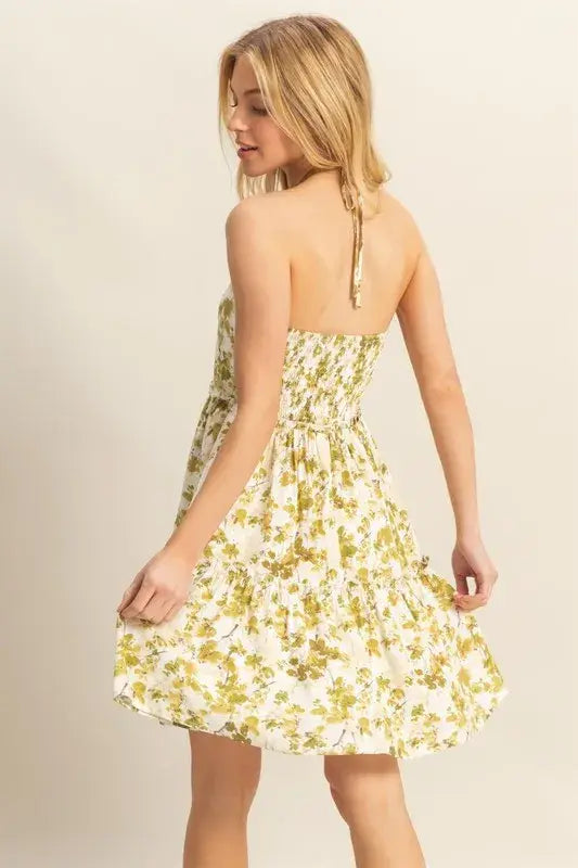 HYFVE Floral Print Halter Neck Tiered Mini Dress - Trendsi - Flyclothing LLC