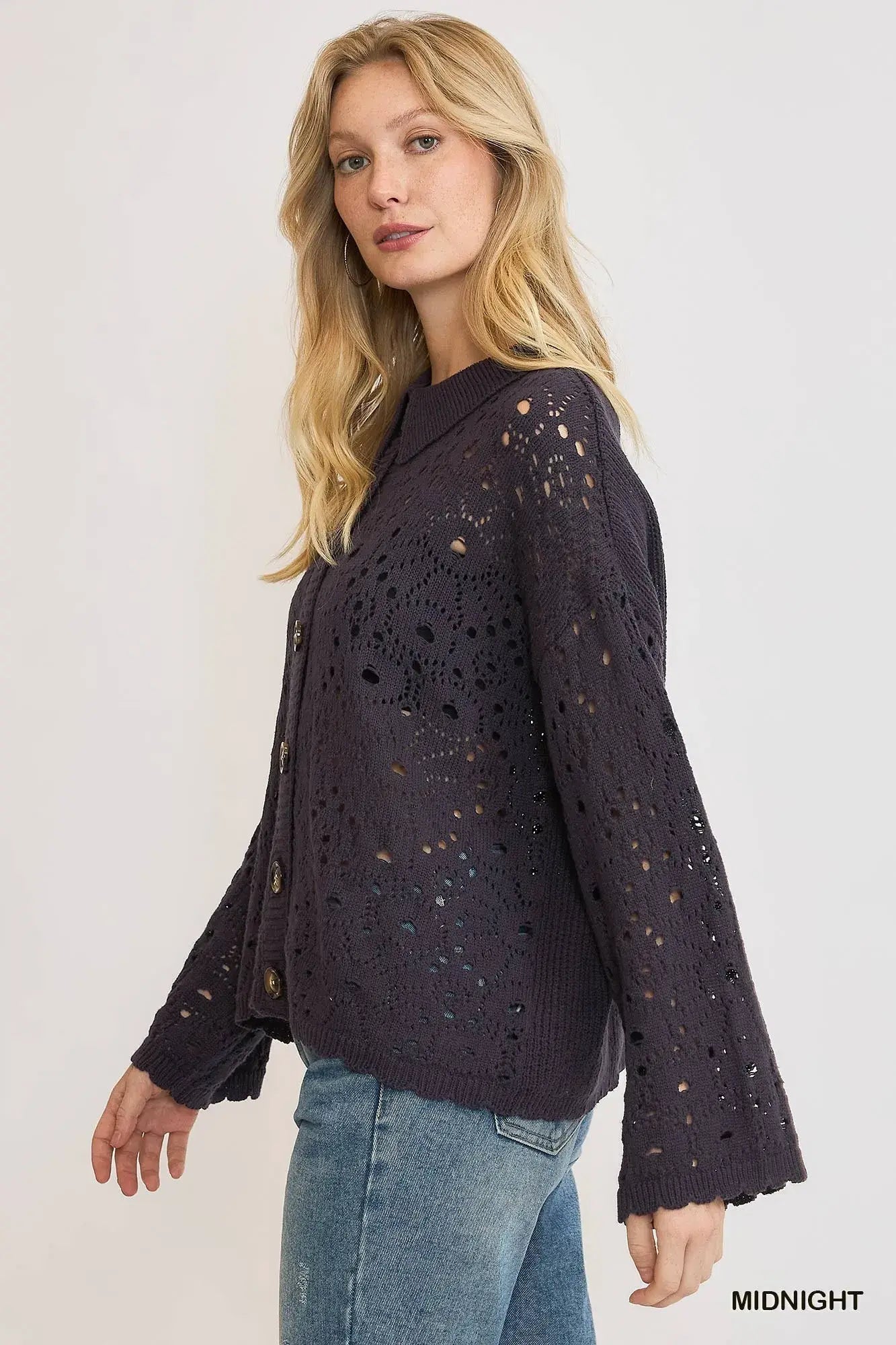 Umgee Hollow Out Button Down Cardigan - Trendsi - Flyclothing LLC
