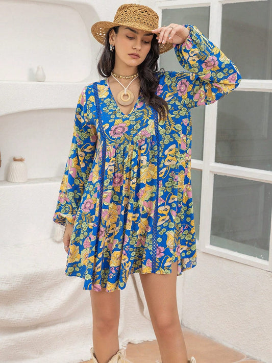Printed V-Neck Balloon Sleeve Mini Dress - Trendsi