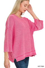 Zenana Washed 3/4 Sleeve Boxy Sweater - Trendsi - Flyclothing LLC