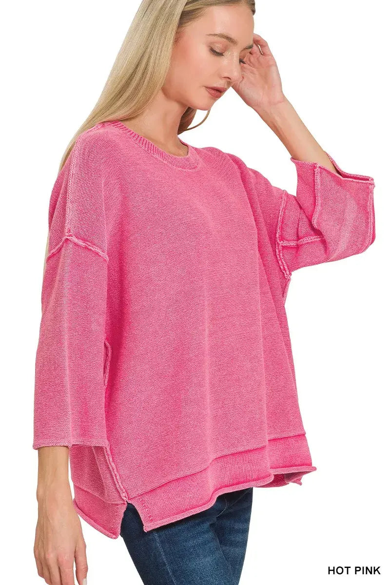 Zenana Washed 3/4 Sleeve Boxy Sweater - Trendsi - Flyclothing LLC