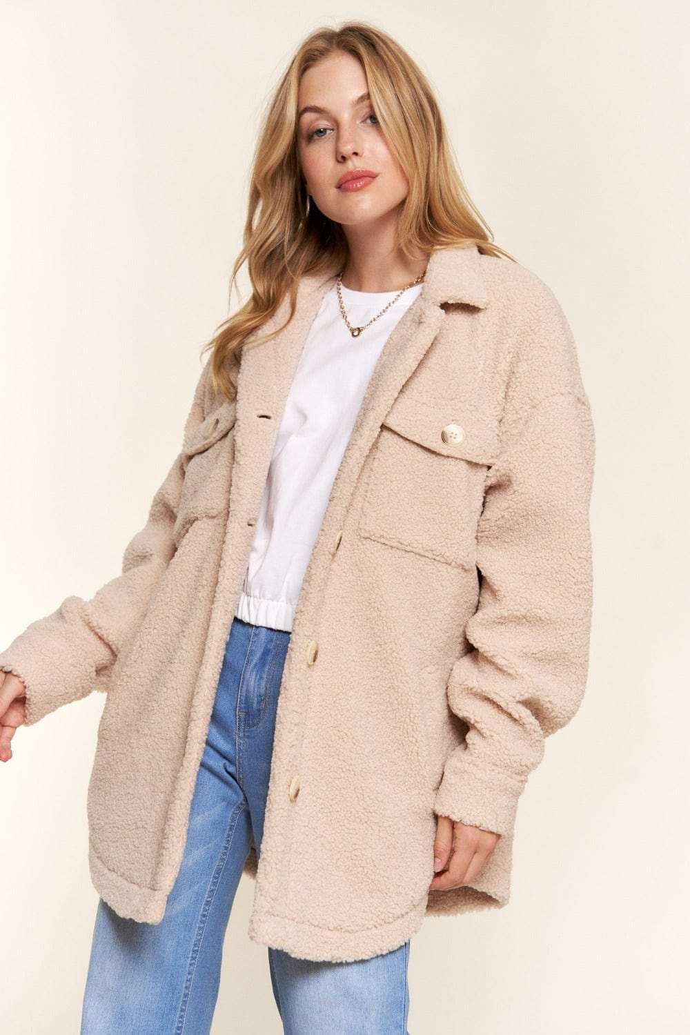And The Why Teddy Sherpa Button Down Curved Hem Shacket - Trendsi - Flyclothing LLC