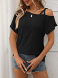 Eyelet Asymmetrical Shoulder Short Sleeve T-Shirt - Trendsi - Flyclothing LLC