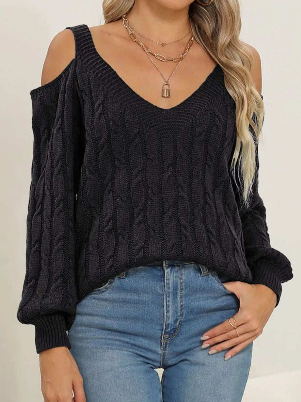 Cable-Knit V-Neck Long Sleeve Sweater - Trendsi - Flyclothing LLC