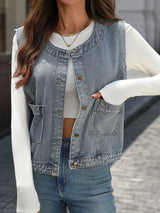Button-Down Denim Vest - Trendsi - Flyclothing LLC