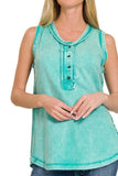 Zenana Washed Half-Button Raw Edge Sleeveless Henley Top - Trendsi