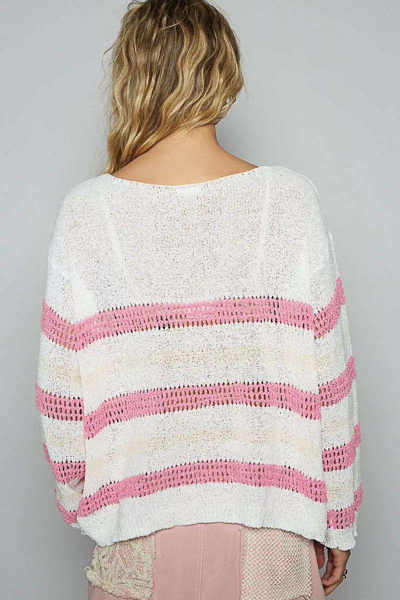 POL Striped Openwork Round Neck Knit Top - Trendsi - Flyclothing LLC