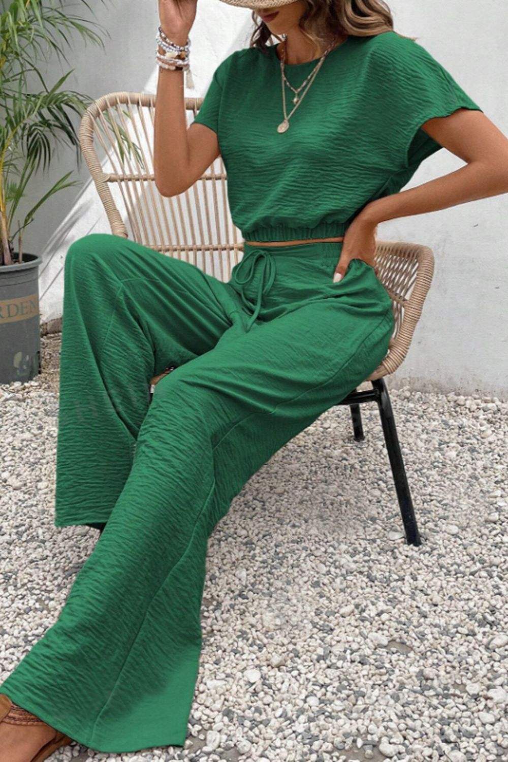 Round Neck Short Sleeve Top and Pants Set - Trendsi - Flyclothing LLC