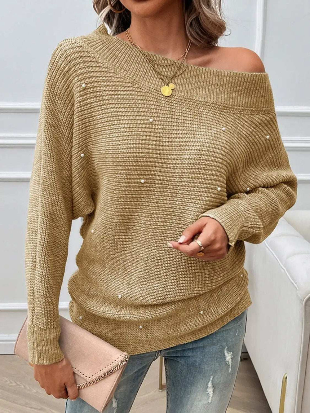 Devine Pearl Detail Long Sleeve Sweater - Trendsi - Flyclothing LLC