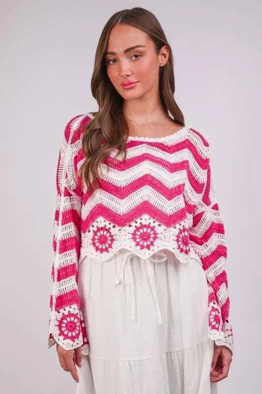 VERY J Chevron/Floral Pattern Crochet Knit Top - Trendsi - Flyclothing LLC