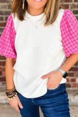 Round Neck Contrast Tweed Puff Sleeve Top - Trendsi - Flyclothing LLC