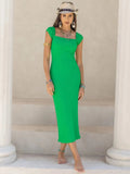 Square Neck Cap Sleeve Midi Dress - Trendsi