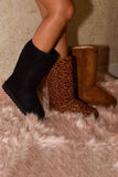WILD DIVA Leopard Suede Round Toe Boots - Trendsi