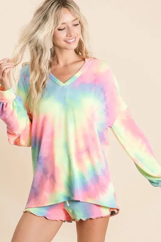 BiBi Tie Dye French Terry Top With Balloon Sleeves - Trendsi - Flyclothing LLC