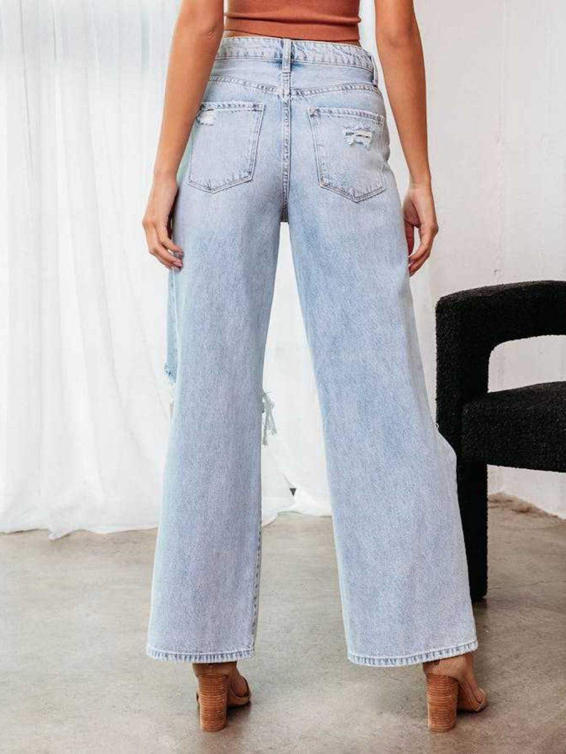 Distressed Wide Leg Jeans with Pockets - Trendsi - Flyclothing LLC