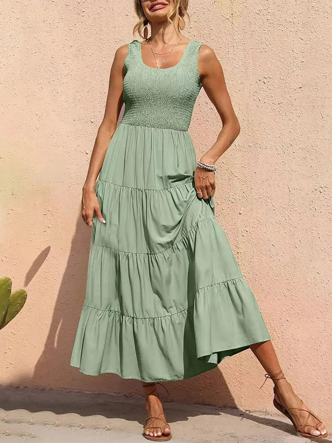 Tiered Smocked Wide Strap Dress - Trendsi - Flyclothing LLC