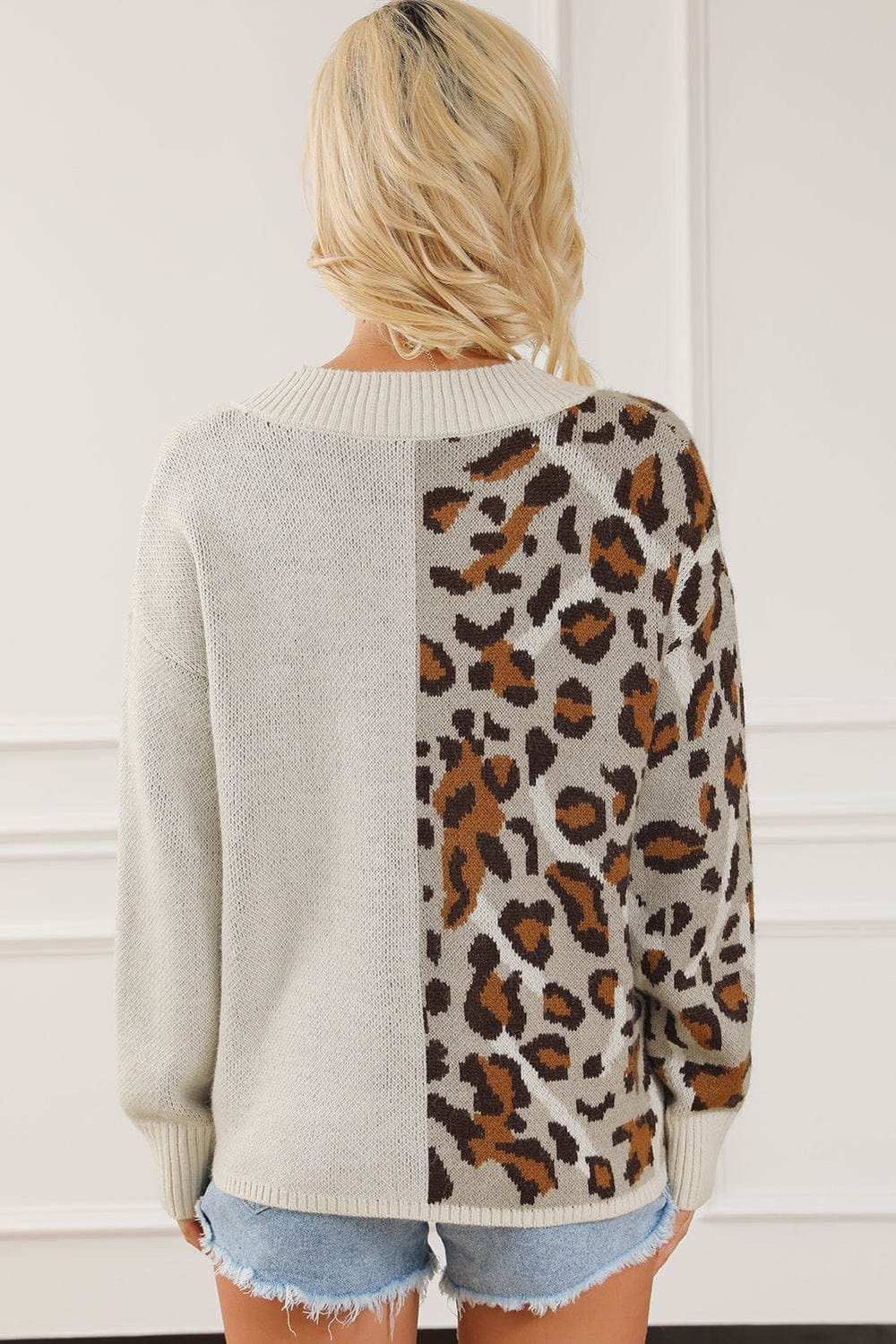 Leopard V Neck Drop Shoulder Sweater - Trendsi - Flyclothing LLC