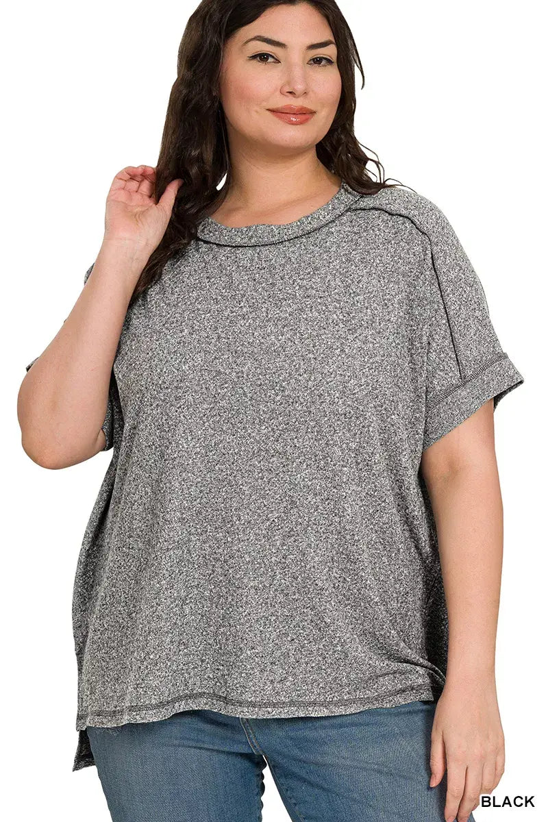 Zenana Full Size Soft Melange Hacci Short Sleeve Hi-low Tee Plus Size - Trendsi - Flyclothing LLC