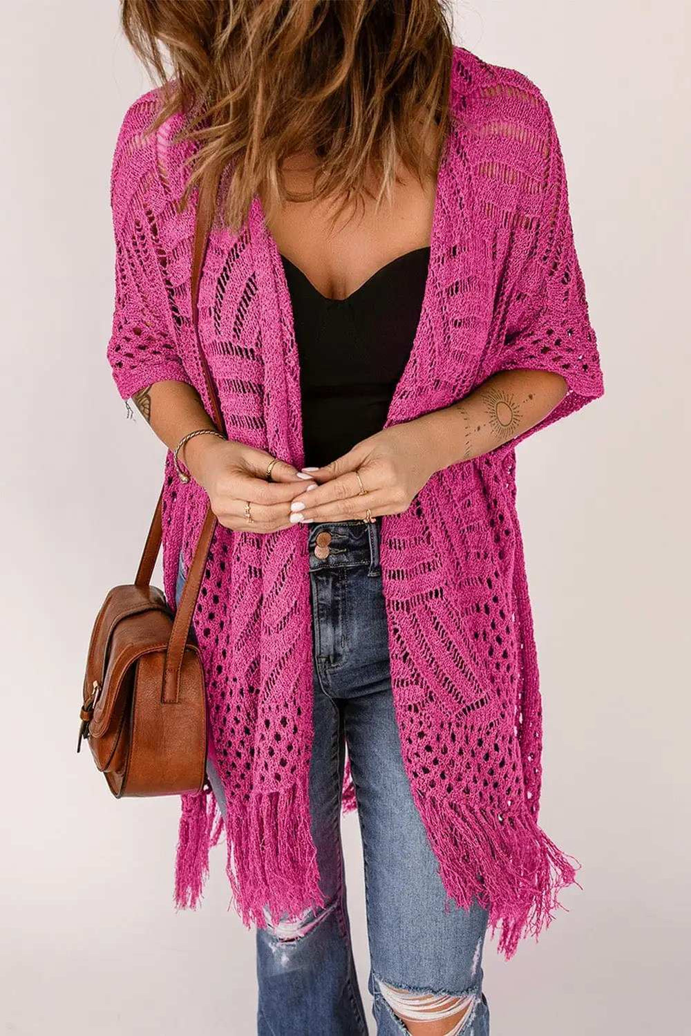 Openwork Open Front Cardigan with Fringes - Trendsi - Flyclothing LLC