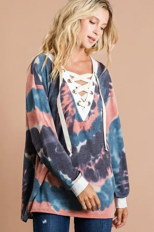 BiBi Tie Dye Deep V-Neck Top with Lace Up Front - Trendsi - Flyclothing LLC