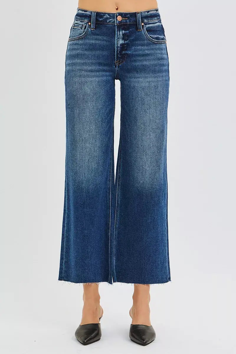 RISEN Full Size Mid Rise Crop Wide Raw Cut Hem Jeans Plus Size - Trendsi - Flyclothing LLC