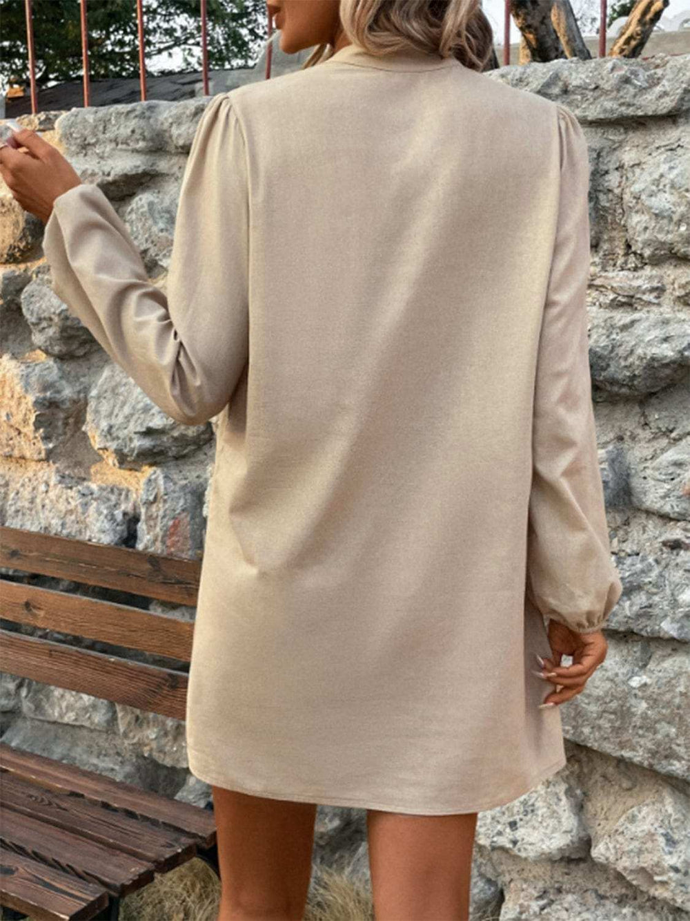 Half Button Mock Neck Long Sleeve Mini Shirt Dress - Trendsi - Flyclothing LLC