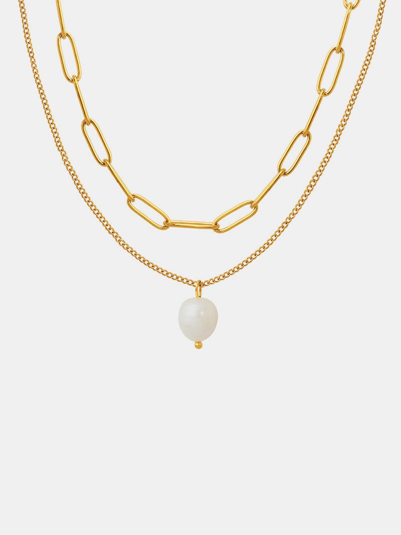 Freshwater Pearl Titanium Steel Double-Layered Necklace - Trendsi