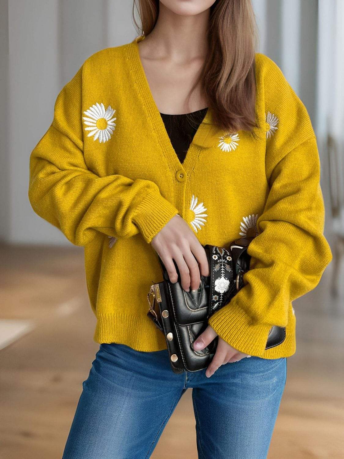 Daisy Button Up V-Neck Cardigan - Trendsi - Flyclothing LLC