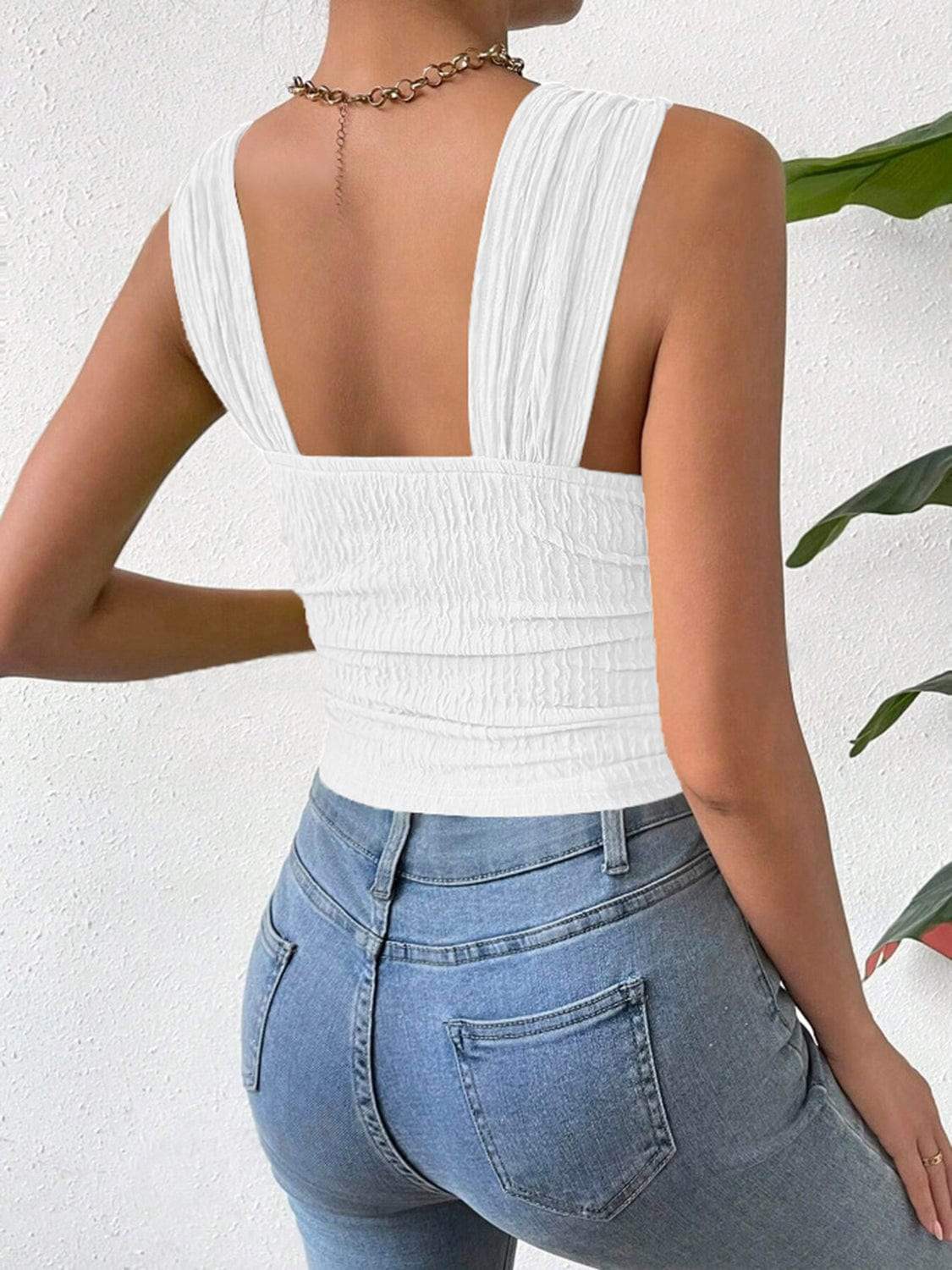 Textured Square Neck Wide Strap Tank - Trendsi - Flyclothing LLC