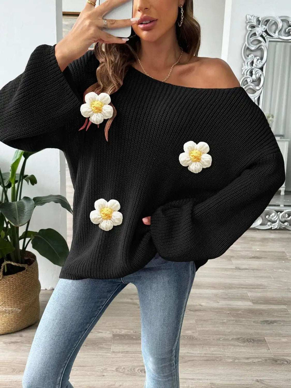 Flower Round Neck Long Sleeve Sweater - Trendsi - Flyclothing LLC