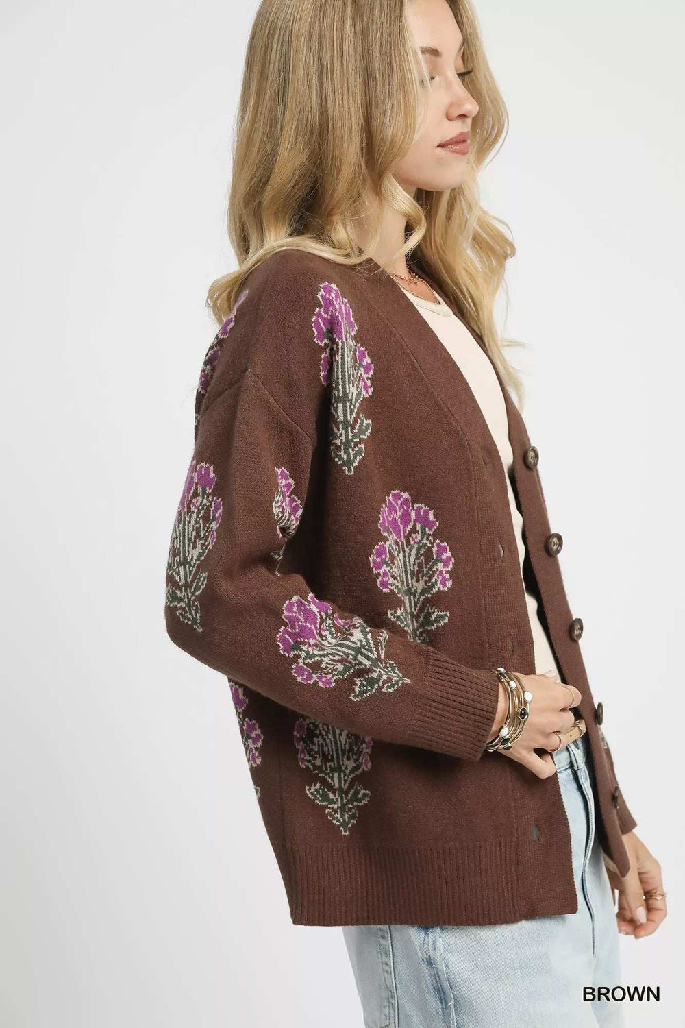 Umgee Single Flower Stem Jacquard Cardigan Sweater - Trendsi - Flyclothing LLC