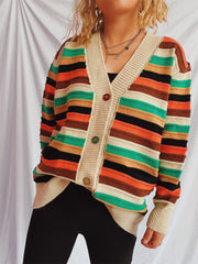Contrast Stripes Button Up Long Sleeve Cardigan - Trendsi